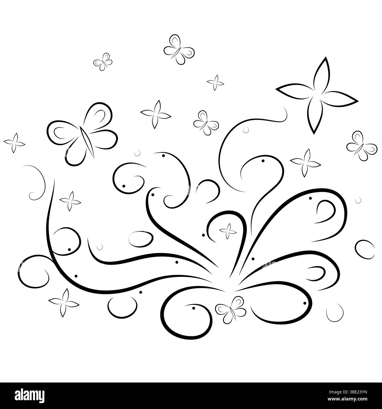 Illustrazione decorativa con rotelline floreali e puntini su sfondo grigio chiaro Illustrazione Vettoriale