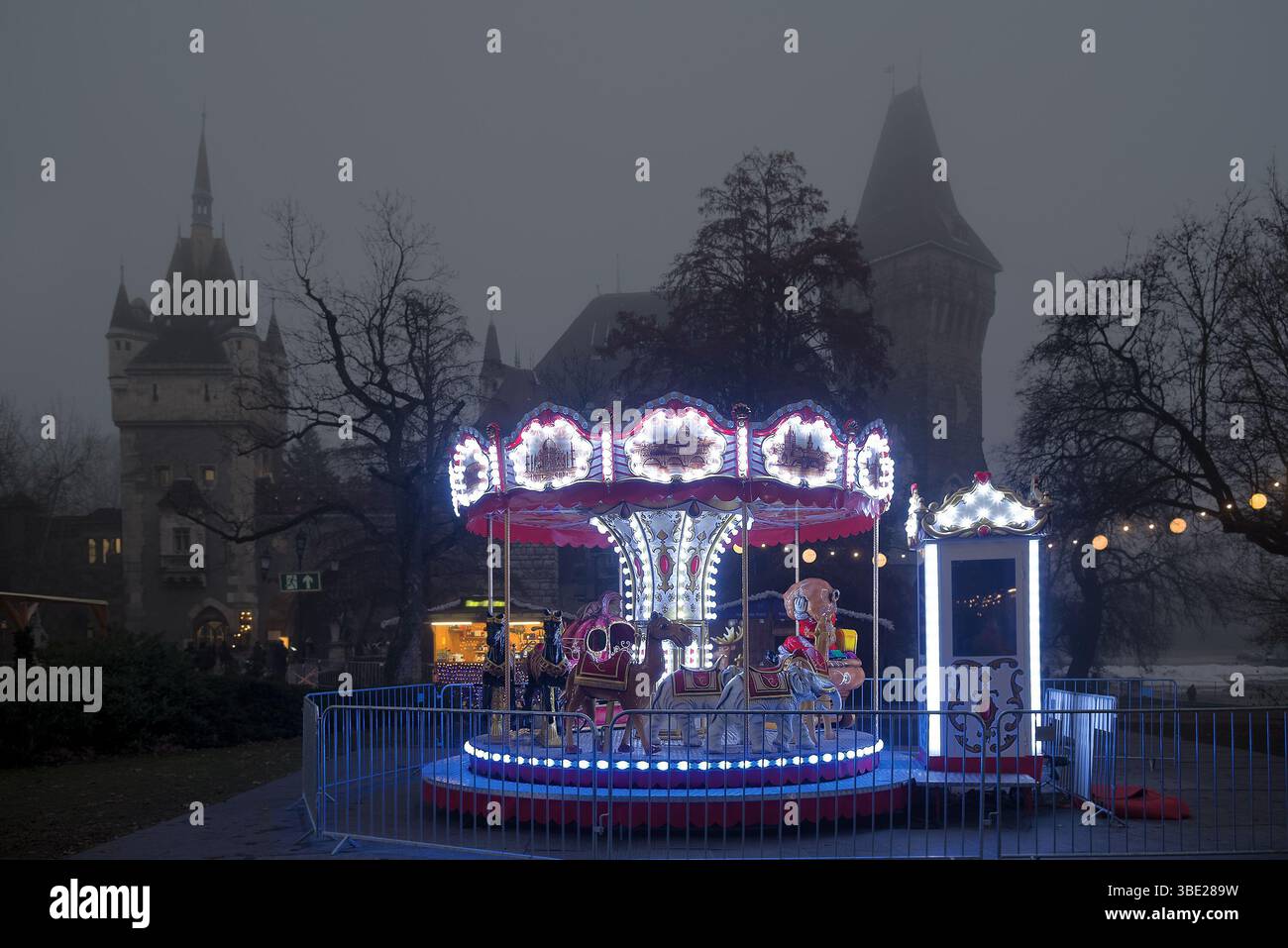 Giostra nel parco, notte nebbiosa Foto Stock