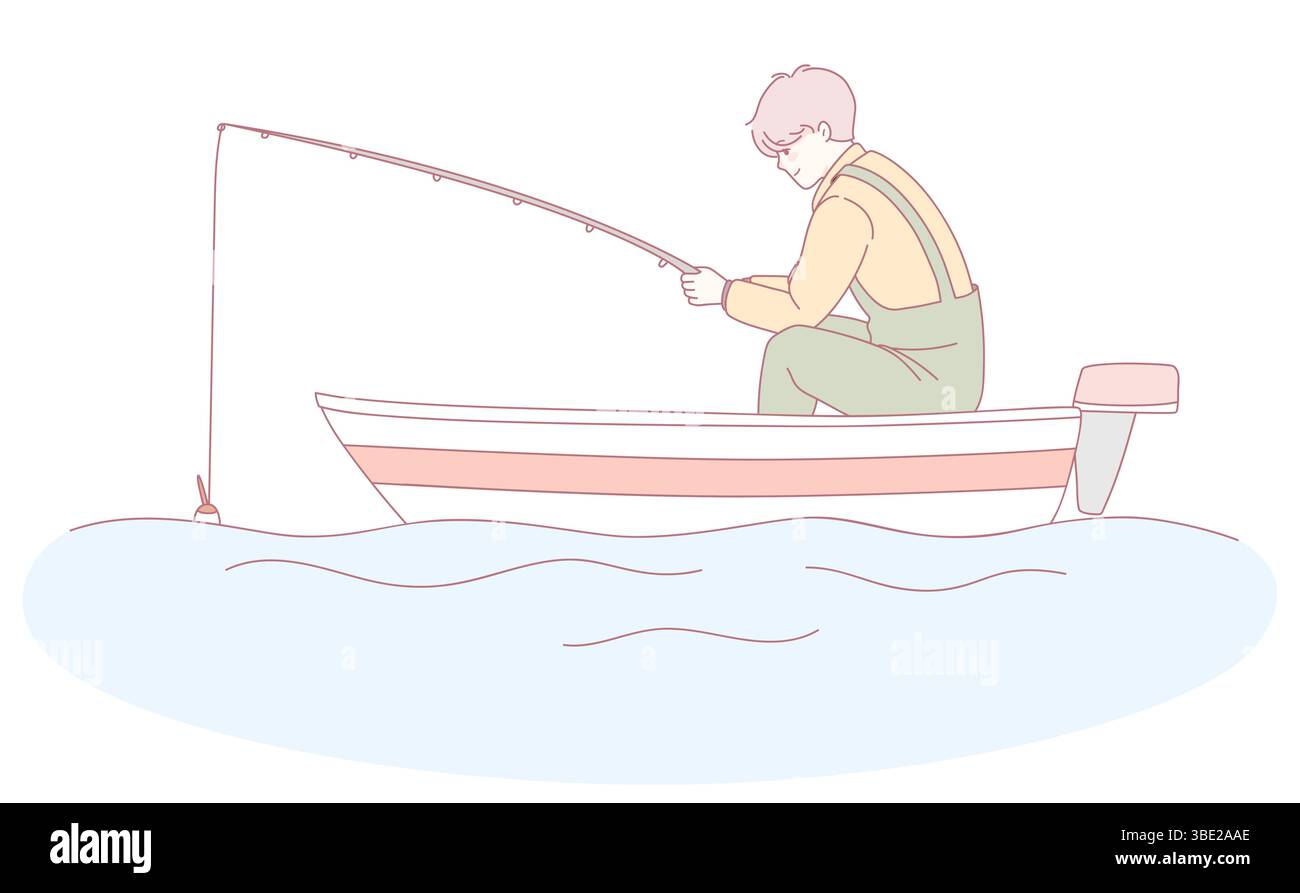 Una tranquilla e rilassante scena di una pesca individuale da sola in una piccola barca sulle tranquille acque di un lago Illustrazione Vettoriale