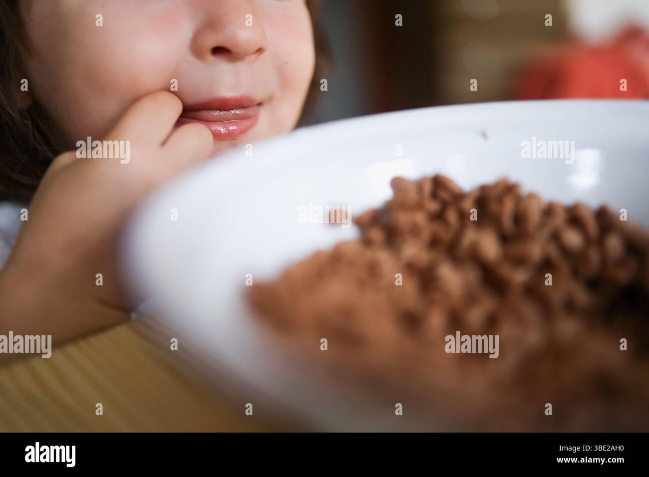 Un bambino piccolo che mangia cereali sani al mattino. Foto Stock
