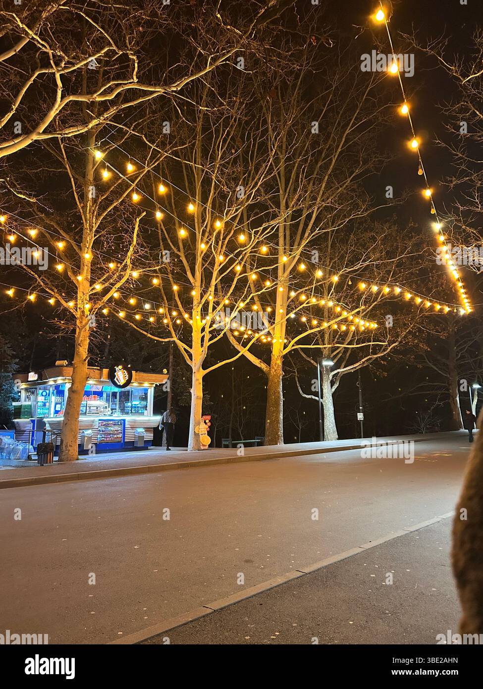 Vista notturna di una strada a Chisinau, Moldavia. La serata invernale è intima e romantica, con l'aroma del caffè - Immagine stock catturata con smartphone