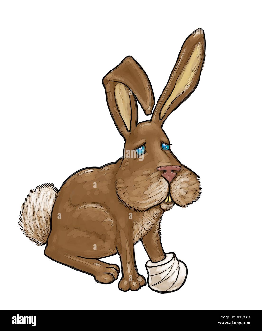 Illustrazione a fumetto di un coniglio lepre con un piede ferito, veterinario, cura degli animali, scherzo del piede del coniglio fortunato (non così fortunato per il rabbino Foto Stock