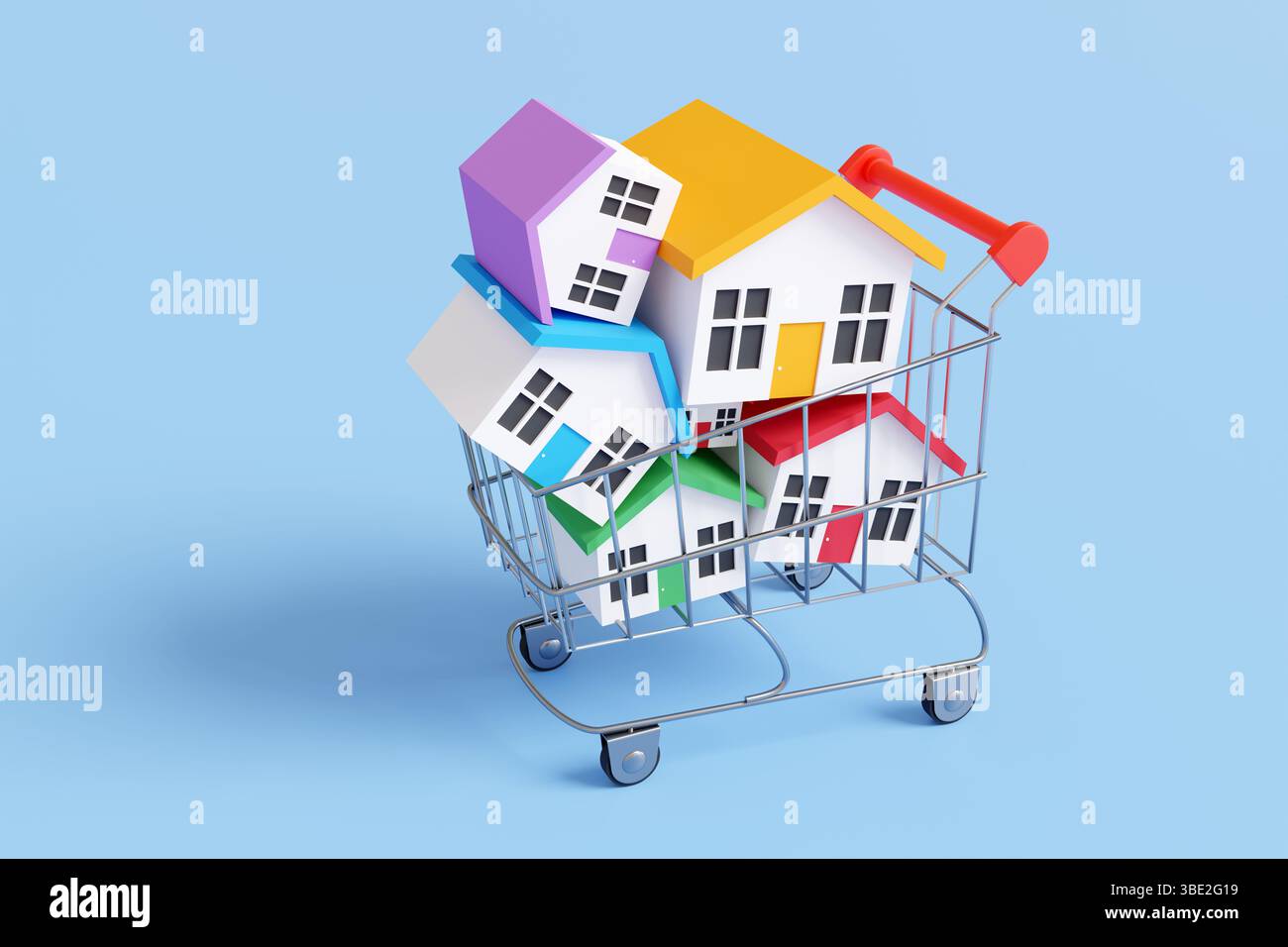 Carrello per la spesa del supermercato pieno di case dei giocattoli multicolore su sfondo blu. Investimenti immobiliari, flipping di case e comprare per affittare Foto Stock