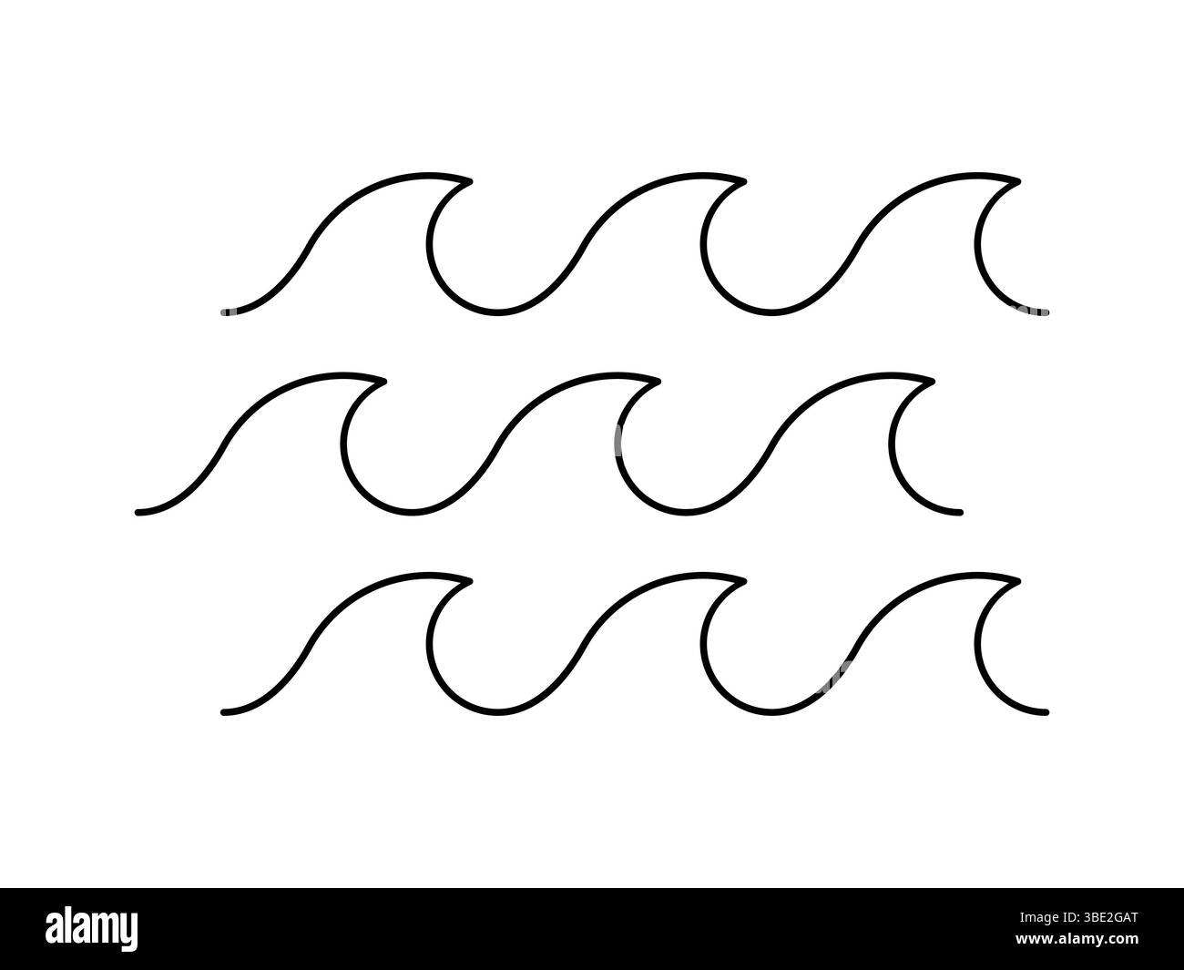 Icona del modello della linea d'onda. Sfondo onda. Tre semplici onde indicano. Concetto di mare, oceano, fiume, lago, acqua. Nero. Marina marina marina tropicale estiva Illustrazione Vettoriale