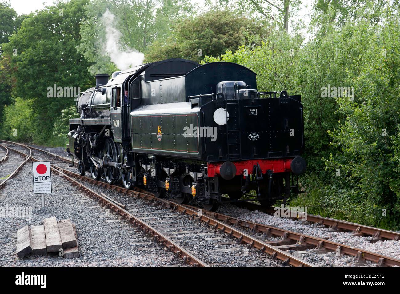 Locomotiva a vapore n. 76017, disaccoppiata dal treno, alla stazione di Bodium, sulla Kent and East Sussex Railway. Foto Stock
