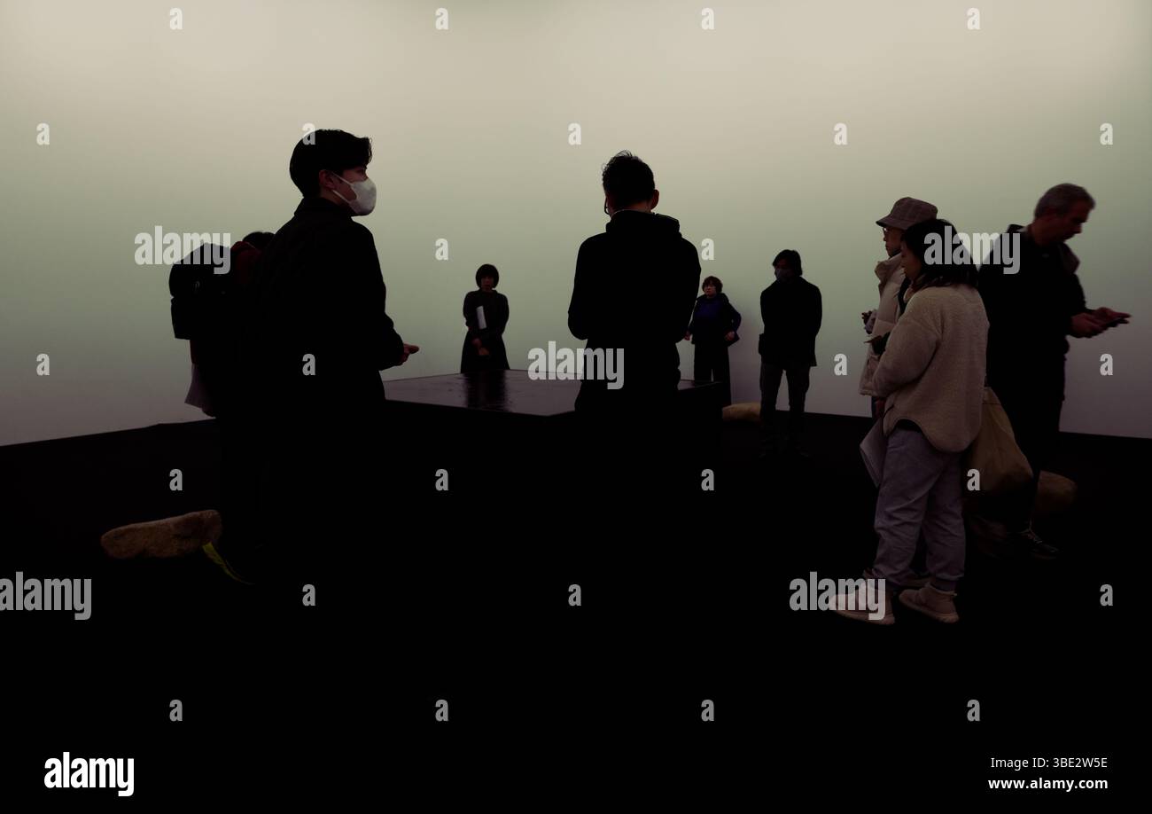 I visitatori si riuniscono in un'acuta curiosità intorno a una misteriosa installazione oscura presso il Museum of Contemporary Art di Tokyo Foto Stock