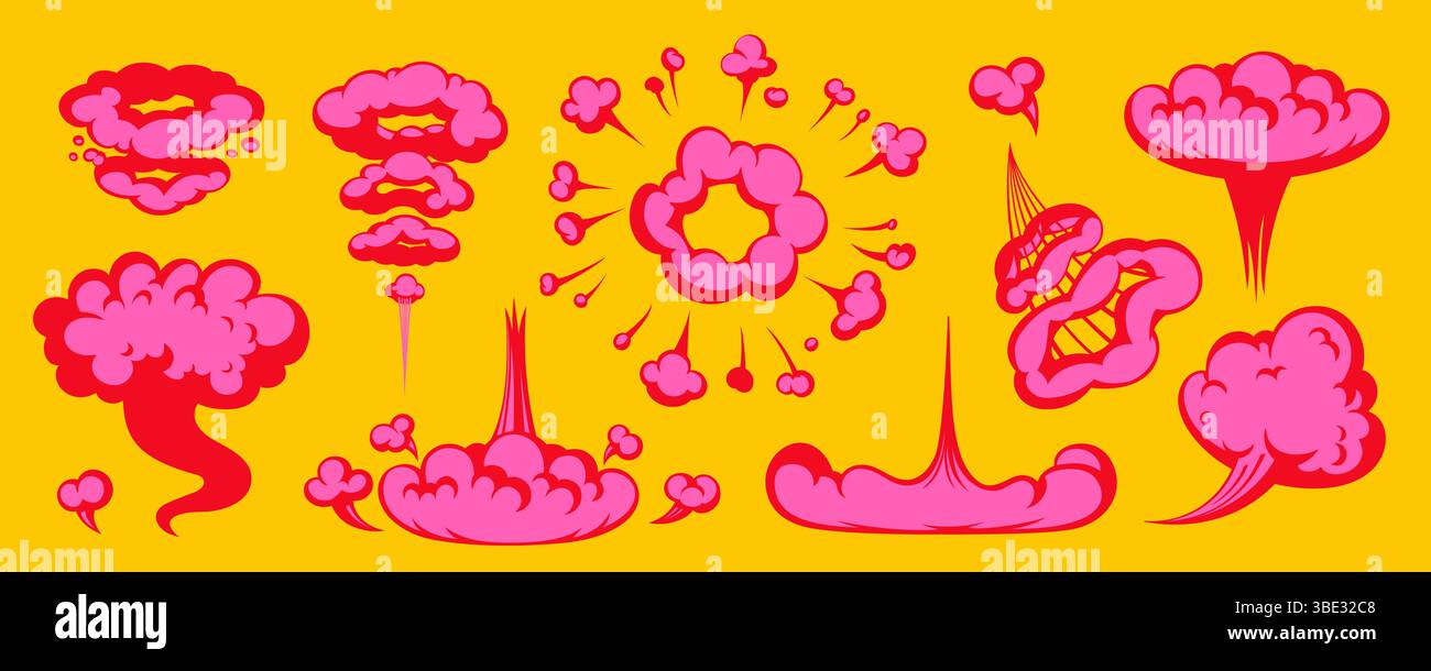 Fumetto fumettistico ambientato con forme rosa esplosive e esplosioni simili al fuoco su sfondo giallo. Illustrazione fumetto e fumetto vettoriale. Perfetto per Illustrazione Vettoriale