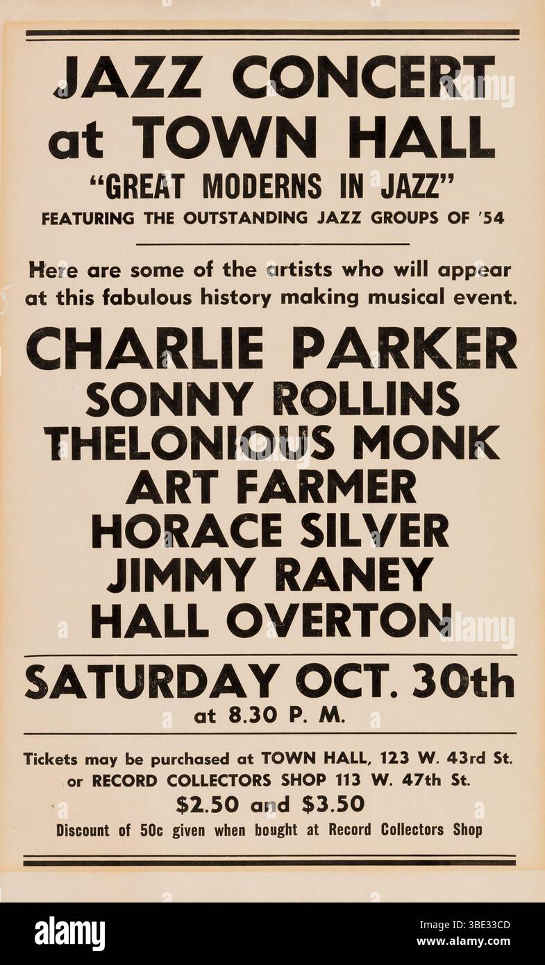 Charlie Parker, Monk & Rollins 1954 Town Hall, New York, poster per concerti jazz d'epoca Foto Stock