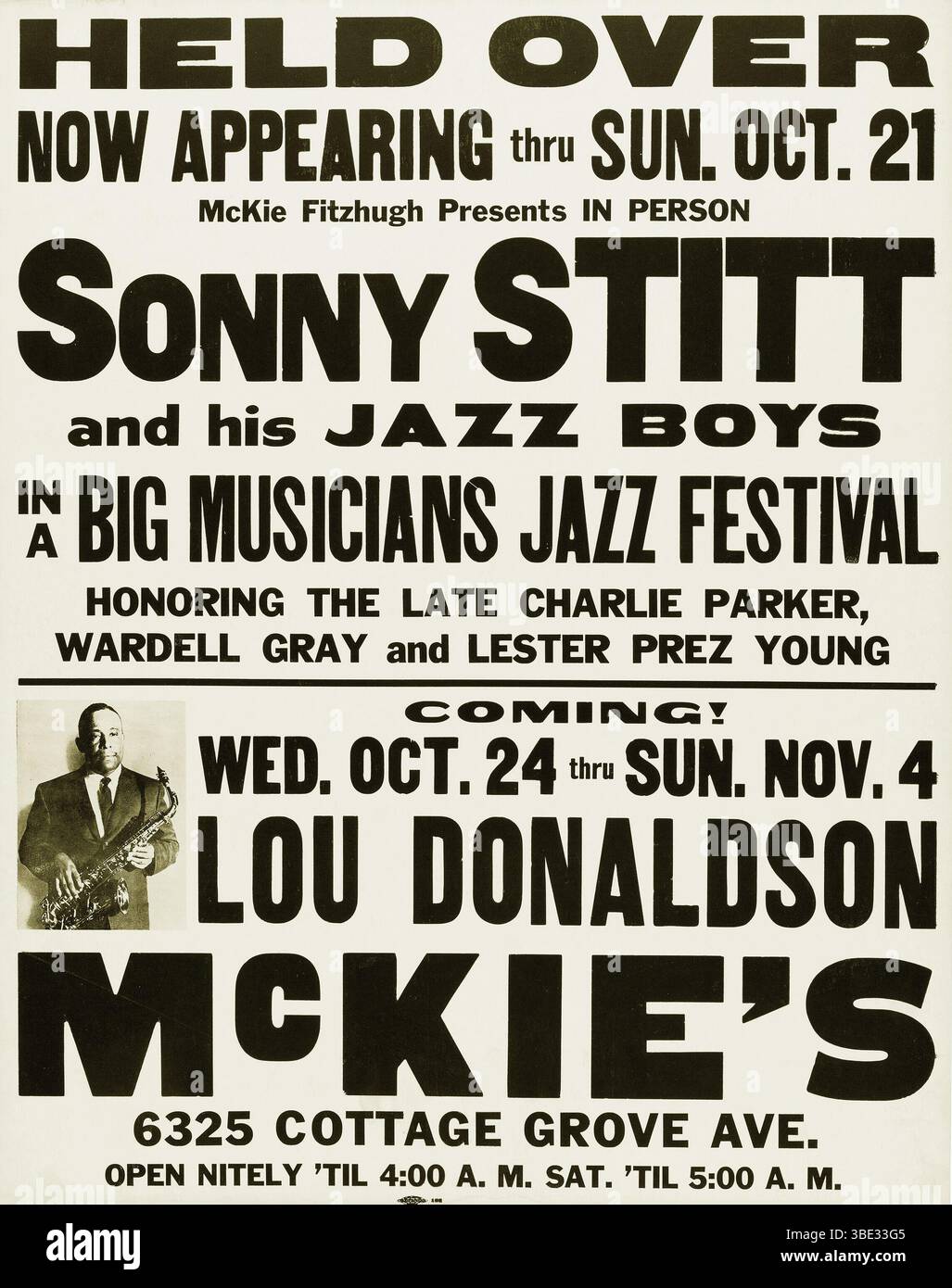 Sonny Stitt "Honoring the Late Charlie Parker", Lou Donaldson McKie's - Jazz Concert poster 1962 Foto Stock