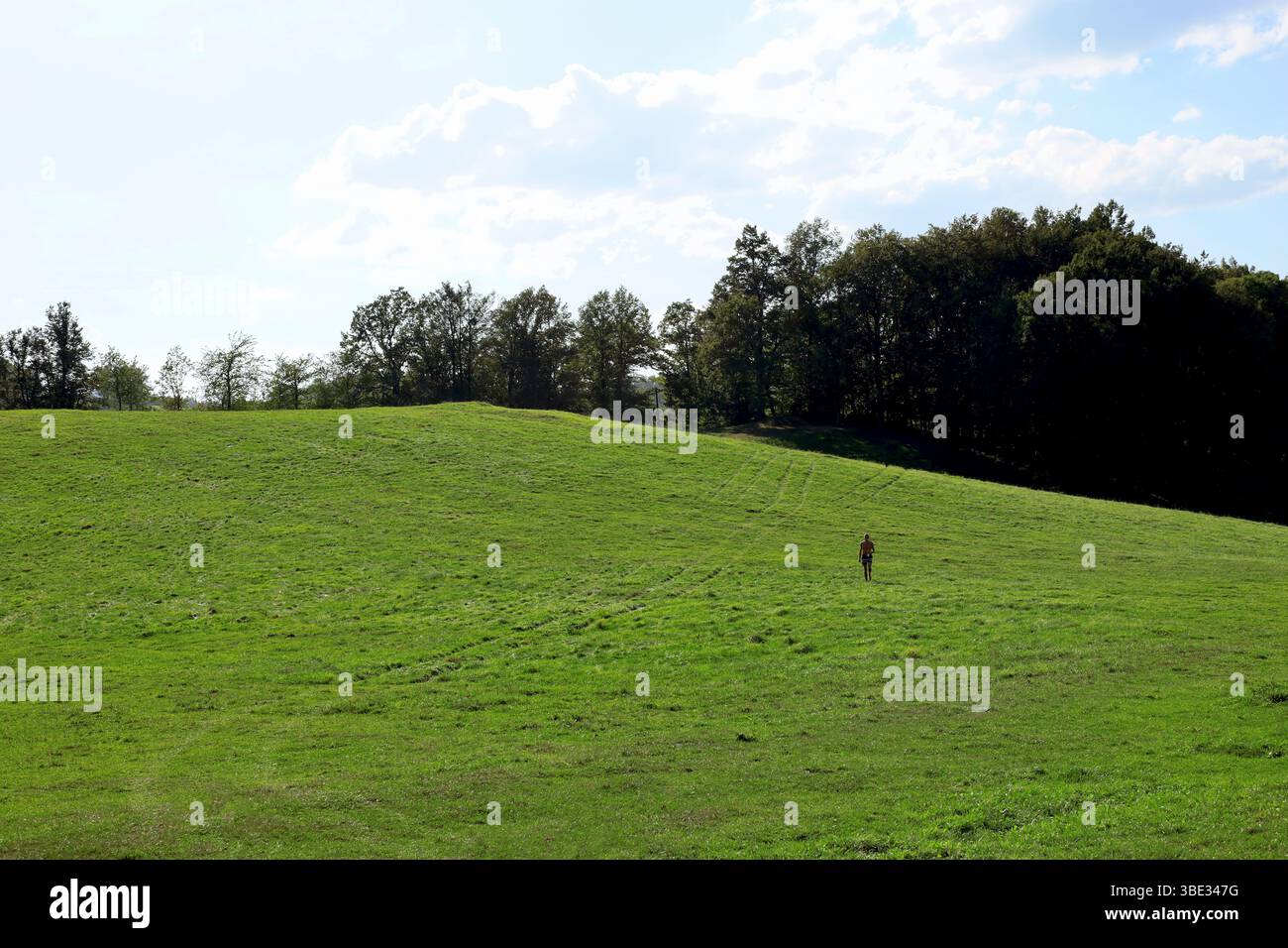 Uomo solitario sul prato verde degli altopiani polacchi in un giorno d'estate Foto Stock