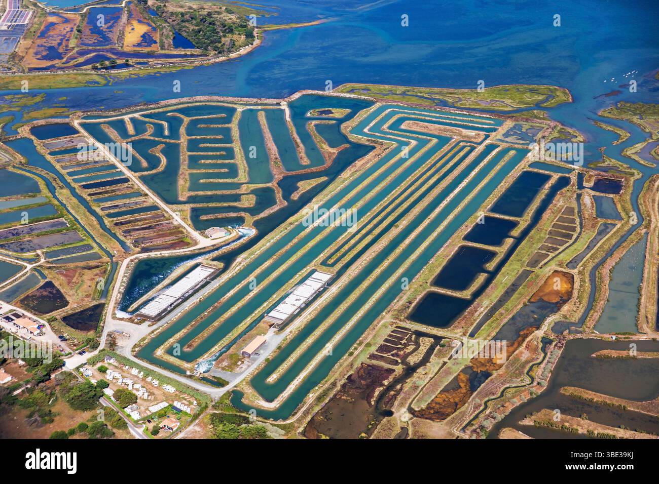 Francia, Charente Maritime, Ile de Ré, Ars en Ré, Les Plus Beaux Villages de France (i villaggi più belli della Francia), Fier d'Ars, le saline, la riserva naturale nazionale Lilleau des Niges (vista aerea) Foto Stock
