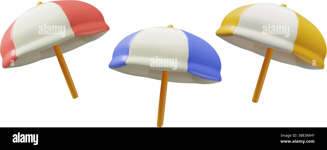 Ombrello da spiaggia, icone di ombrellone vettoriale 3d rosse, gialle e blu Illustrazione Vettoriale