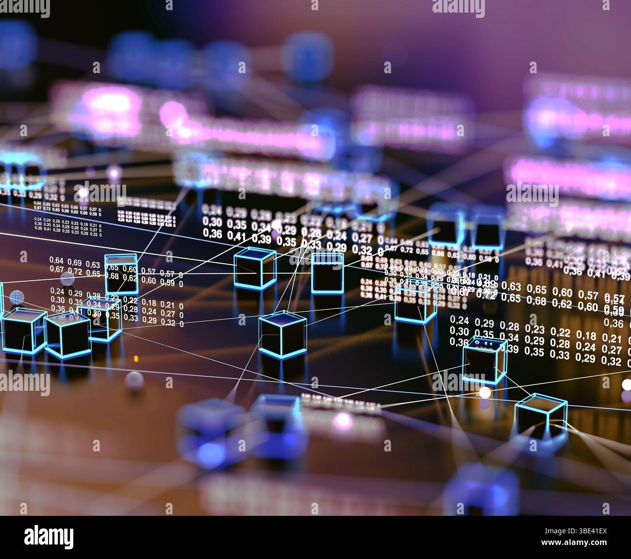 Analisi del volume dei dati e industria informatica.illustrazione 3d.struttura dei dati e strumenti informativi per le attività di networking.Abstract e digitale. Foto Stock