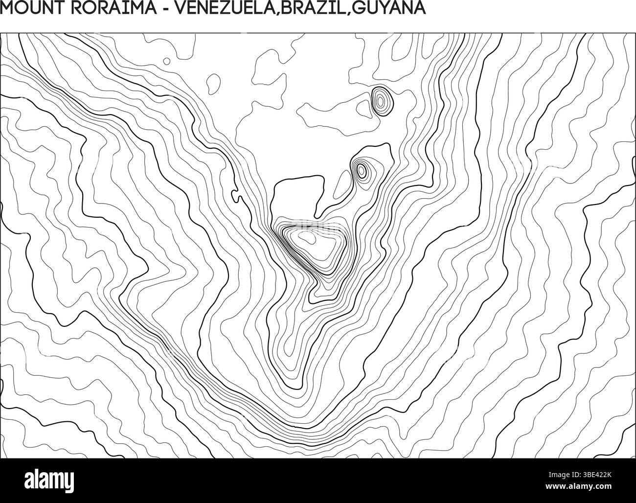 Mappa topografica del contorno dell'altopiano del Monte Roraima attraverso Venezuela, Brasile e regione di confine della Guyana. Sfondo del terreno vettoriale delle linee di contorno. Illustrazione Vettoriale