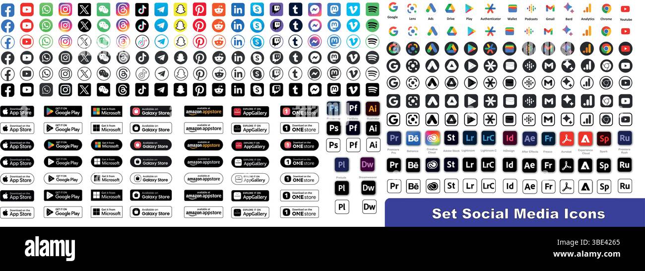 Moderna collezione di icone dei social media con angoli arrotondati. I loghi delle app più diffusi sono isolati su sfondo trasparente. Illustrazione Vettoriale