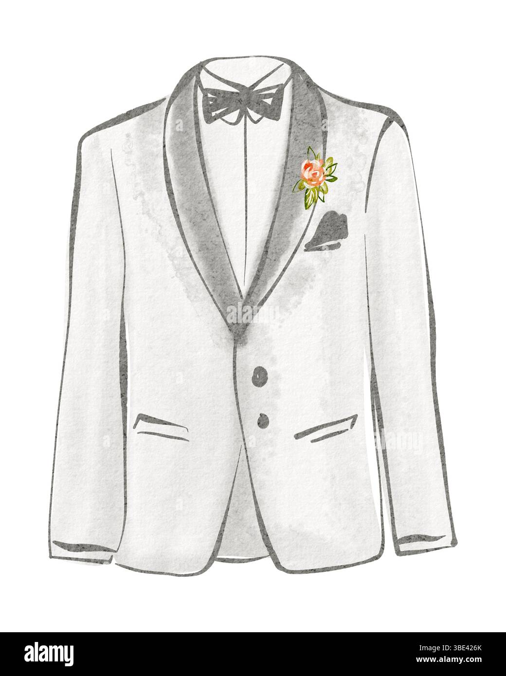 Schizzo disegnato a mano di una giacca da uomo, blazer per occasioni formali. Include tuxedo, bowtie, cravatta e dettagli boutonniere. Adatto alla moda, uomini Foto Stock