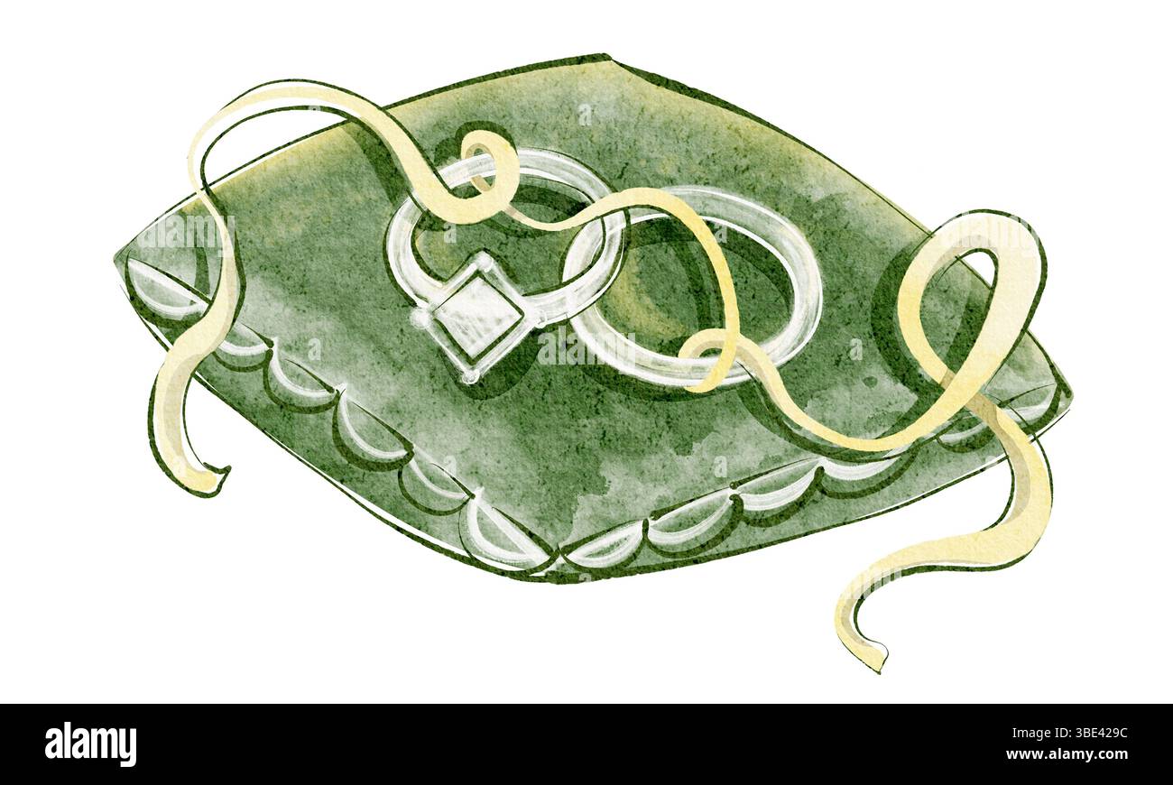 Immagine ad acquerello disegnata a mano di un cuscino per la fede nuziale con anelli di diamanti. Include elementi relativi a fidanzamento, matrimonio e cerimonia nuziale. Vestito Foto Stock