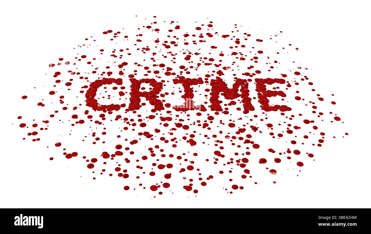 Illustrazione della parola "CRIMINE" formata da goccioline di sangue sparse, viste con una leggera angolazione, evocando scene del crimine, analisi forensi Foto Stock