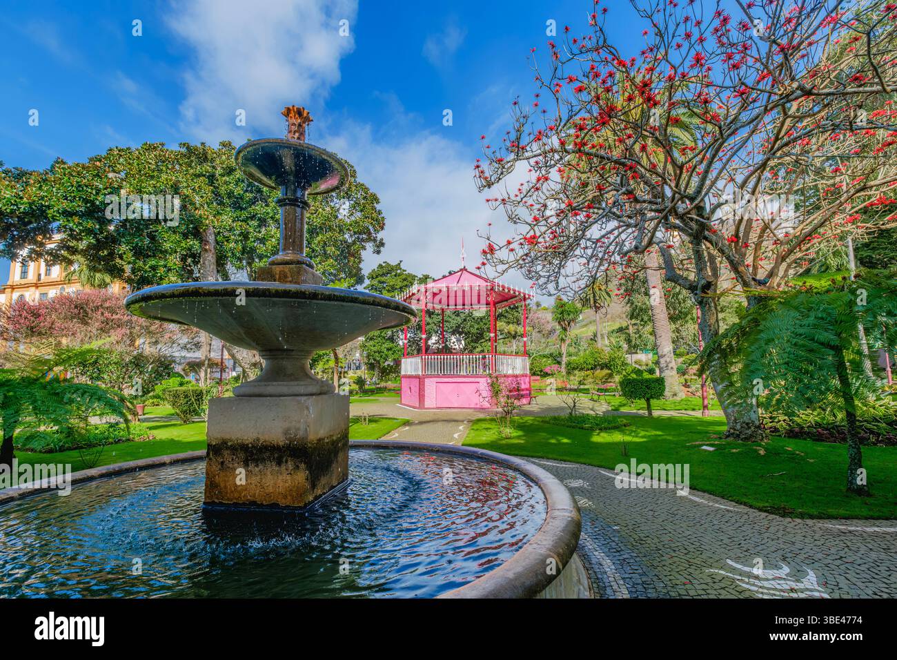 La splendida fontana vittoriana è il fulcro di un lussureggiante giardino storico ad Angra do Heroismo. Un palco rosa vivace e alberi in fiore aggiungono al Foto Stock