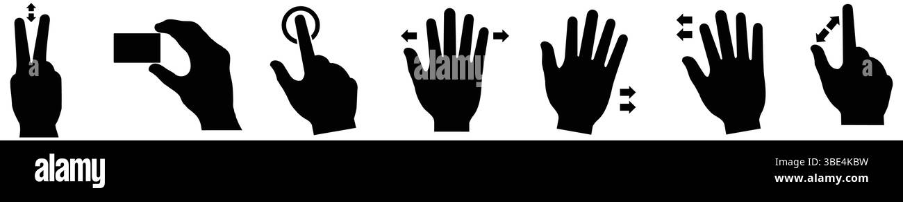 Set di icone di interfaccia del touch screen con gesti della mano nera Illustrazione Vettoriale