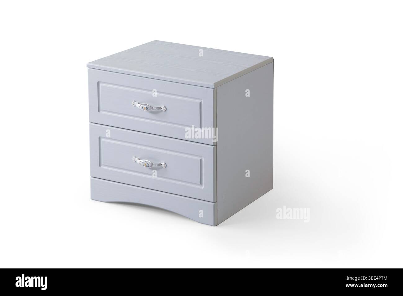 comodino in legno bianco. Comodino di design moderno isolato su sfondo bianco con vista d'angolo. armadietto con due cassetti Foto Stock comodino in legno bianco. Comodino di design moderno isolato su sfondo bianco con vista d'angolo. armadietto con due cassetti Foto Stock