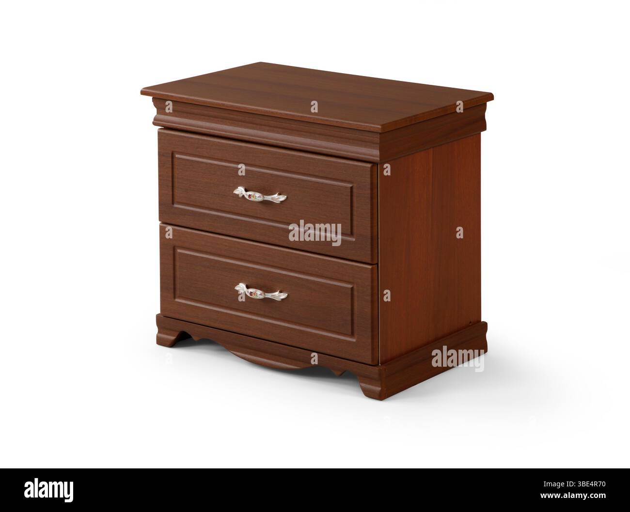comodino in legno marrone. Comodino di design moderno isolato su sfondo bianco con vista d'angolo. armadietto con due cassetti Foto Stock comodino in legno marrone. Comodino di design moderno isolato su sfondo bianco con vista d'angolo. armadietto con due cassetti Foto Stock