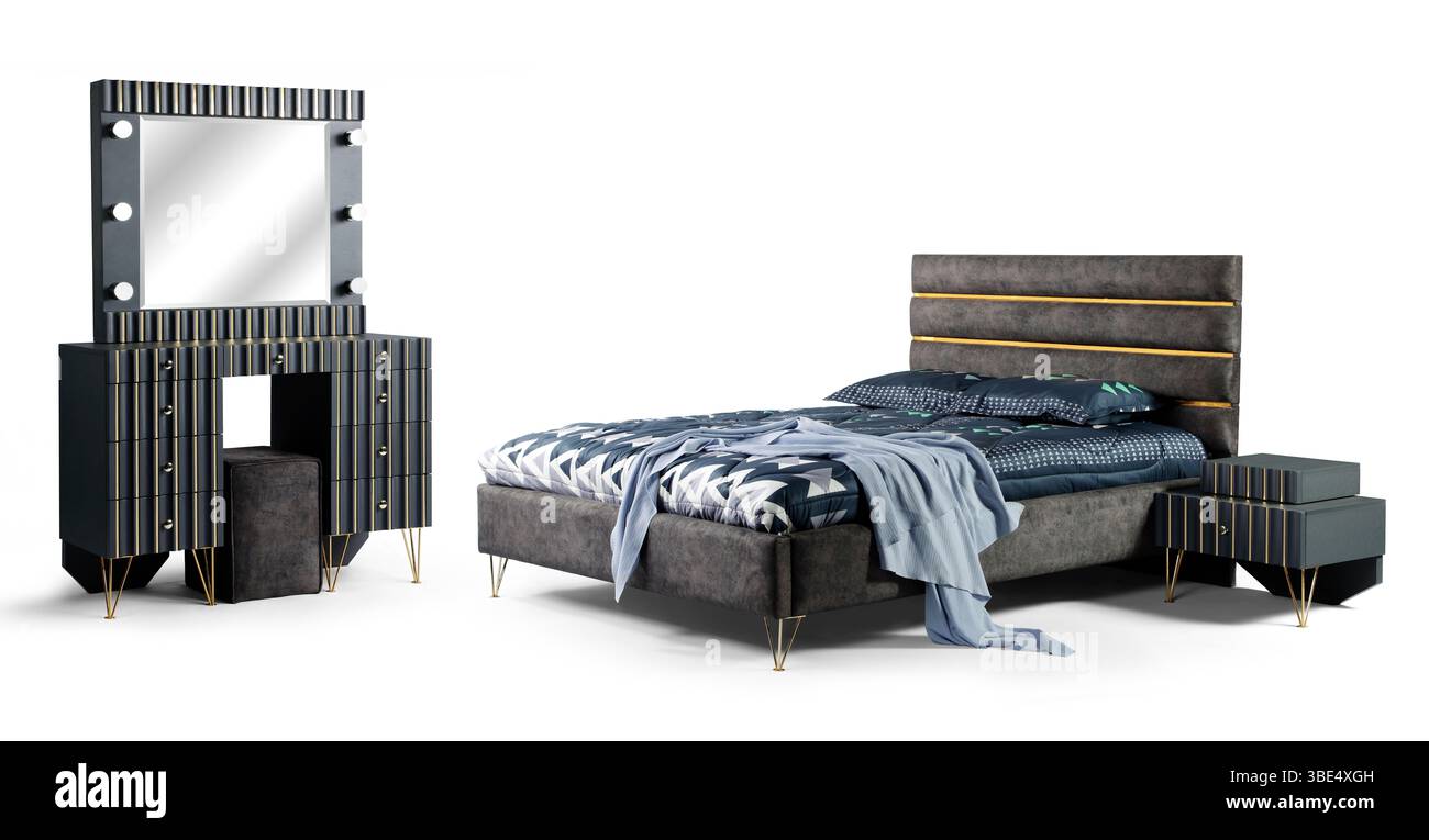 Letto moderno con toeletta a specchio isolata su sfondo bianco. Foto Stock Letto moderno con toeletta a specchio isolata su sfondo bianco. Foto Stock