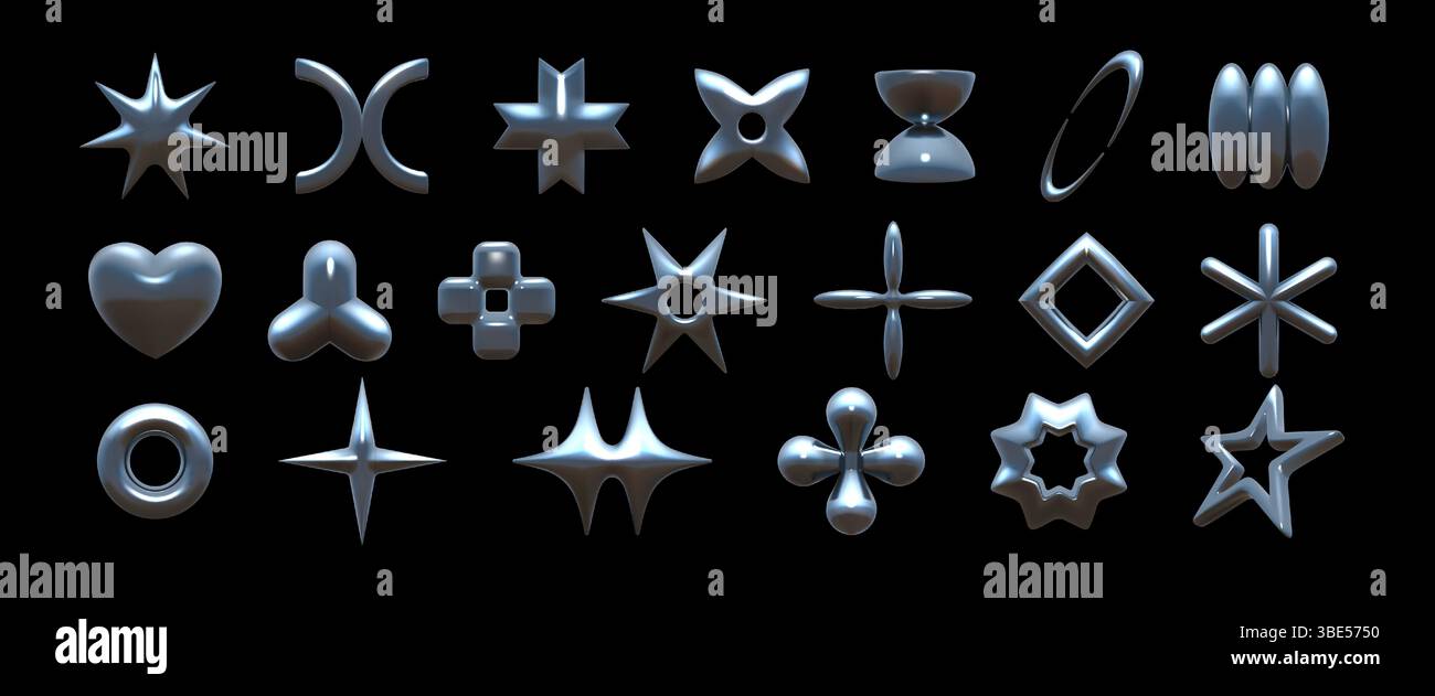 elementi cromati 3d. Cuore Y2K in metallo, fiori ed elementi geometrici, stella d'argento astratta o stella liquida brillano. Ologrammi creativi sfumati. Set di oggetti decorativi minimi isolati con rendering vettoriale Illustrazione Vettoriale