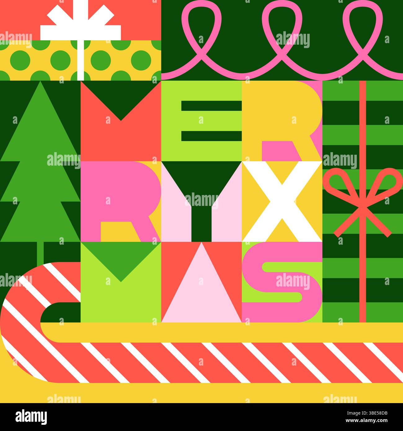Buone lettere natalizie. Illustrazione piatta vettoriale dell'albero di Natale, della confezione regalo, della canna da zucchero su sfondo multicolore. Blocchi di colore greeti geometrici Illustrazione Vettoriale
