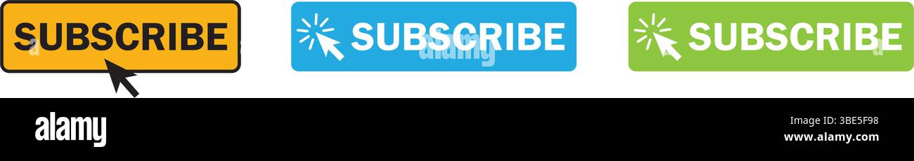 Una collezione di pulsanti rettangolari in tonalità blu, verde e arancione, ciascuno con testo bianco in grassetto "Iscriviti", ideale per il sito Web Illustrazione Vettoriale