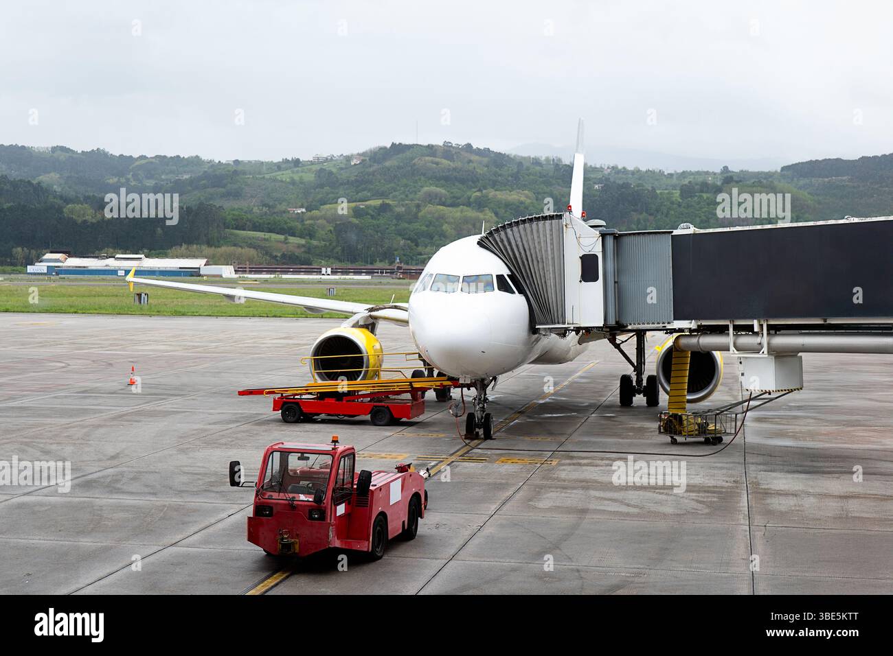 Un moderno aereo di linea attraccato su un ponte jet dell'aeroporto, pronto per l'imbarco. I veicoli di supporto al suolo sono parcheggiati nelle vicinanze sotto un cielo nuvoloso, a dimostrazione di un bu Foto Stock