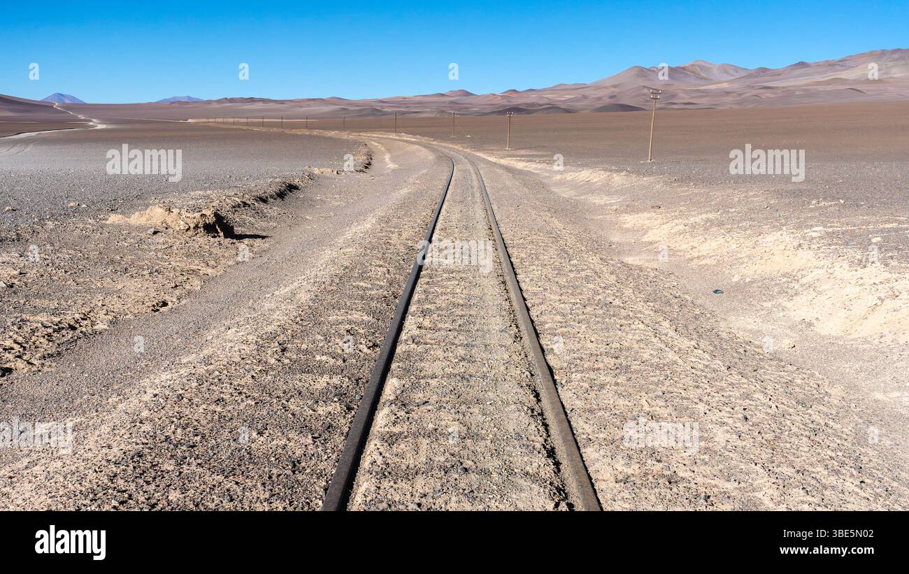 Una vista serena dei lunghi binari ferroviari rettilinei che attraversano l'ampio e arido terreno della regione di la Puna in Argentina, sotto un cielo azzurro. Foto Stock