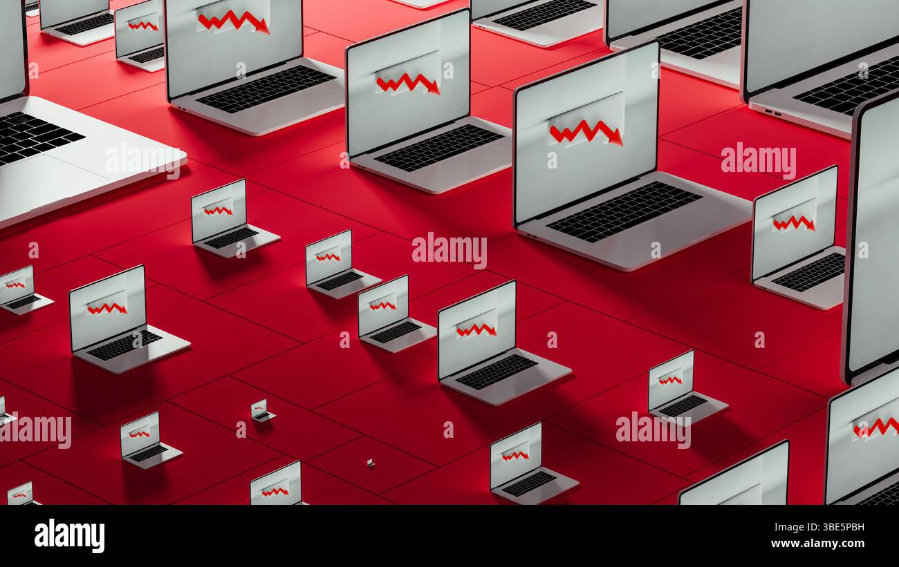 Più notebook mostrano tendenze in declino del mercato azionario con frecce rosse. L'impostazione si concentra sull'analisi finanziaria e sulle prestazioni di mercato. Foto Stock