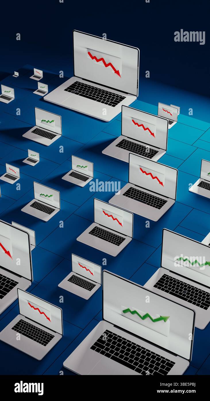 I notebook di un ufficio moderno mostrano fluttuazioni delle tendenze delle scorte, riflettendo la natura dinamica delle attività finanziarie. Foto Stock