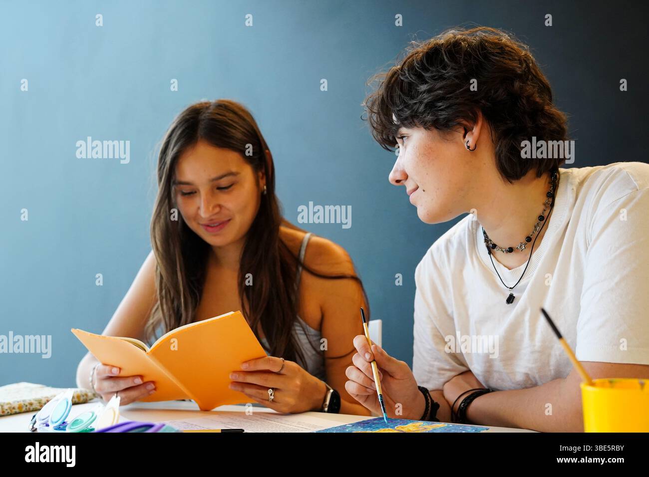 Un'adolescente non binaria con i capelli corti e un'adolescente si impegnano in una sessione di studio, mostrando concentrazione e amicizia. Sono entrambi concentrati Foto Stock