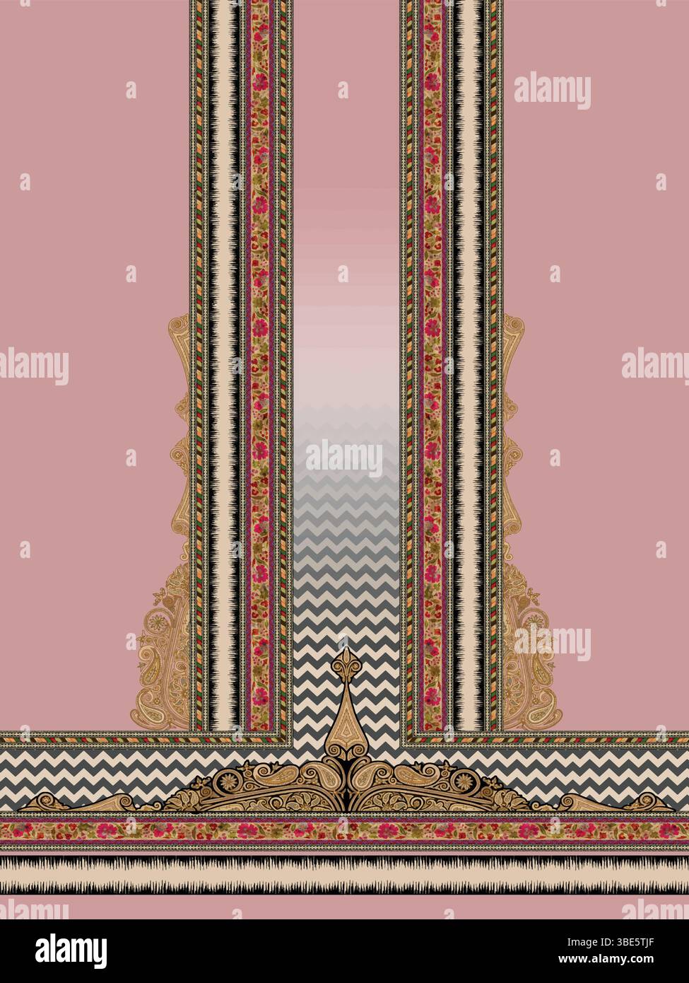 Elegante design in tessuto rosa e oro con fantasie floreali e geometriche complesse Illustrazione Vettoriale