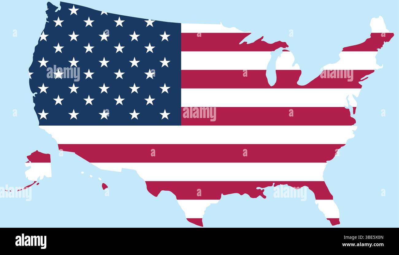 Profilo della mappa dell'America con la bandiera American Stars and Stripes, grafico del giorno dell'indipendenza isolato su sfondo bianco Illustrazione Vettoriale