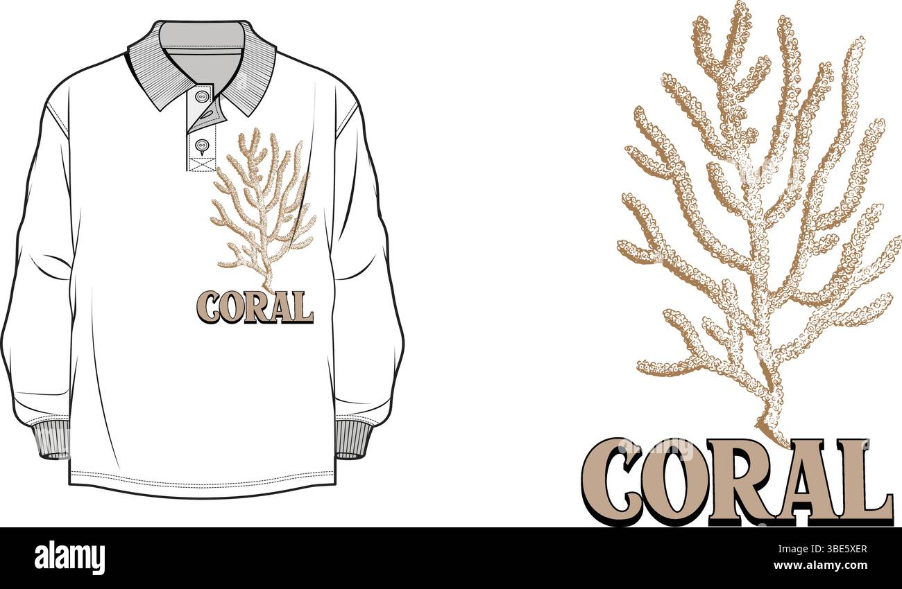 Polo bianca a manica lunga con motivo beige a scogliera corallina Illustrazione Vettoriale