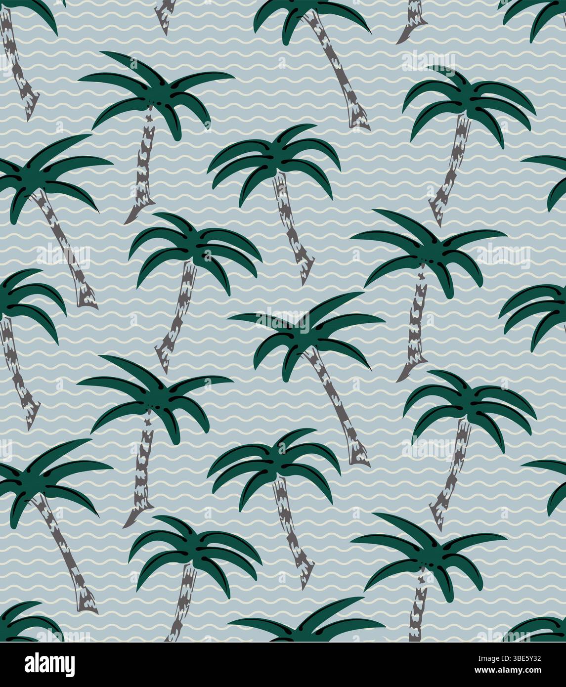 Motivo di palma verde acqua senza cuciture su sfondo blu chiaro ondulato, design estivo tropicale Illustrazione Vettoriale