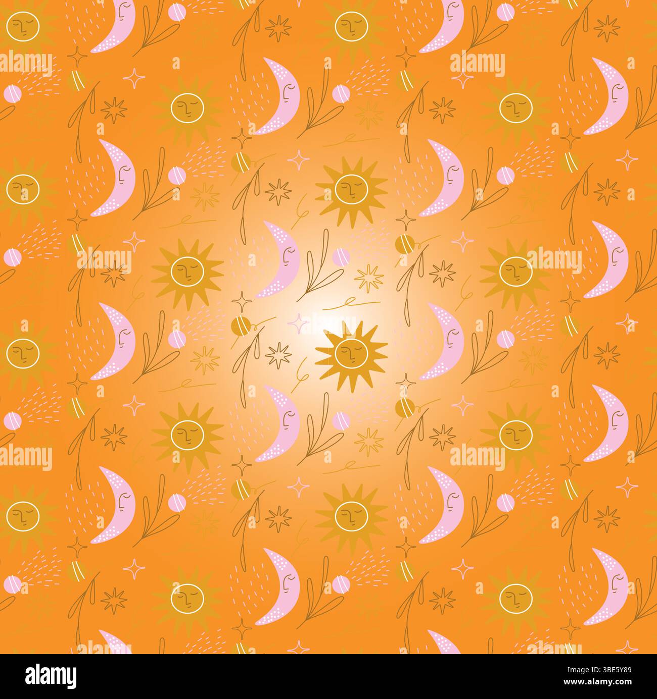 Il motivo arancione celeste è un sole lune stelle e un ramoscello dal design senza cuciture Illustrazione Vettoriale