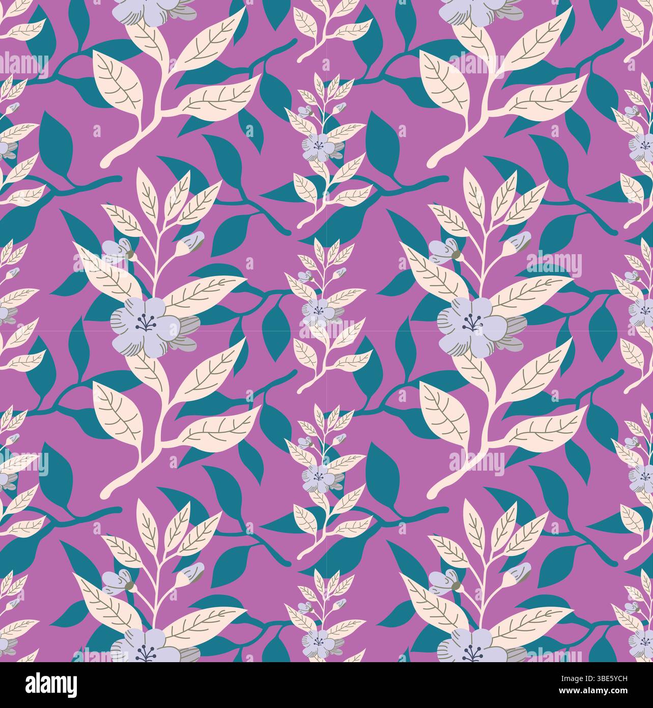 Motivo floreale viola senza cuciture con rami color ottanio e foglie di panna Illustrazione Vettoriale