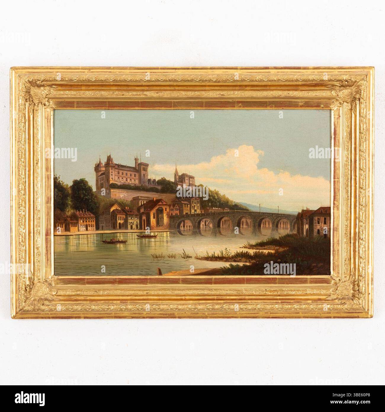 Johann Wilhelm Jankowski - Bohmisch, 1825 - 1870 paesaggio fluviale con castello certificato J W Jankosky in basso a destra olio su cartone, cm 42X66,5. Foto Stock
