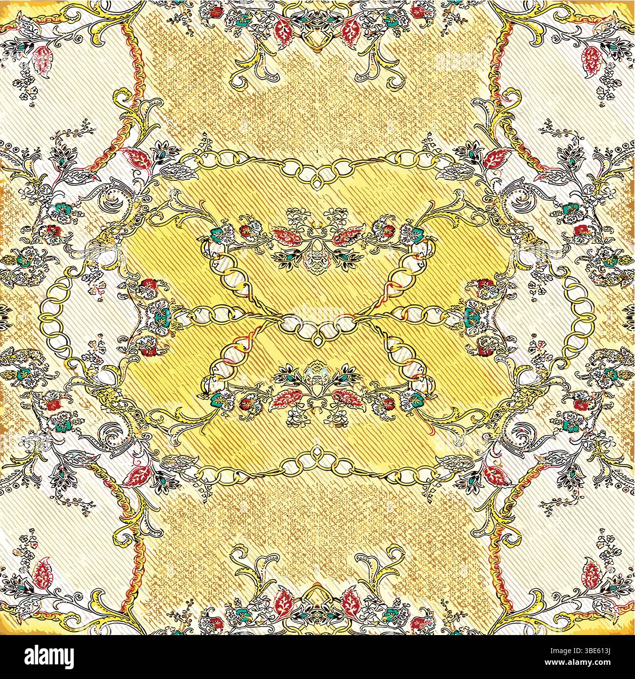 Fantasia in tessuto damascato floreale giallo e bianco con dettagli a catena Illustrazione Vettoriale