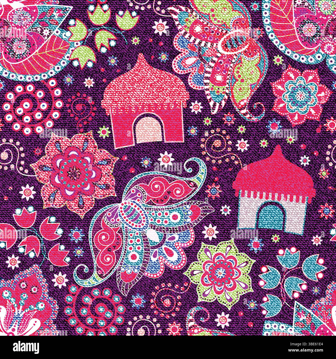 Vivace design in tessuto senza cuciture con motivo paisley e capanna Illustrazione Vettoriale