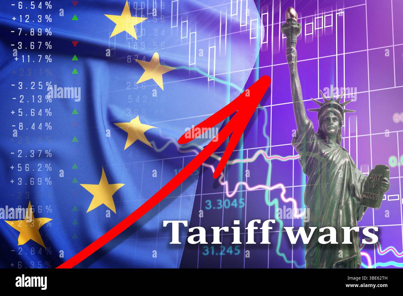 Guerre tariffarie. Statua della libertà, bandiera dell'Unione europea, grafico e freccia. Doppia esposizione Foto Stock