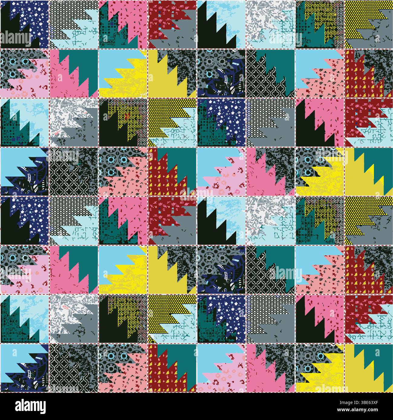 Vivace design trapuntato patchwork con motivo geometrico a freccia in vari colori e texture Illustrazione Vettoriale