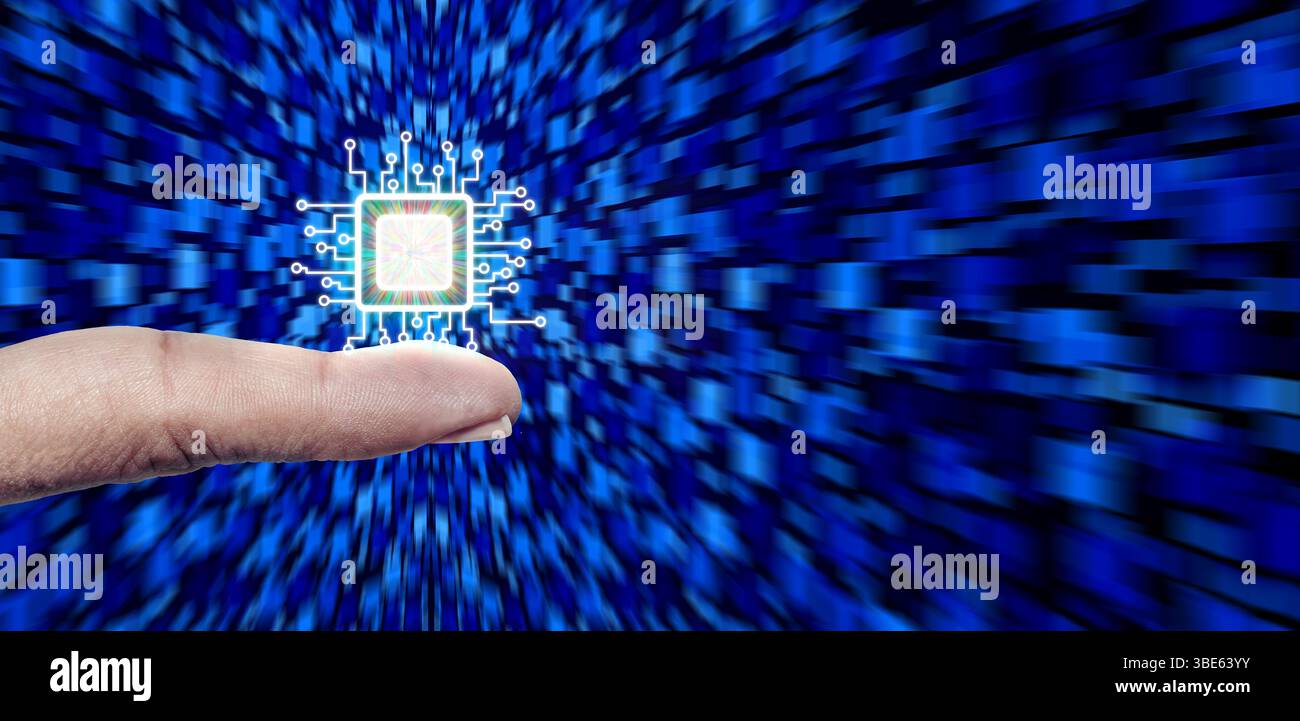 Tecnologia e innovazione come processore a semiconduttore a microchip tecnologie come concetto di settore CPU che rappresenta la tecnologia di elaborazione o chip per computer e. Foto Stock