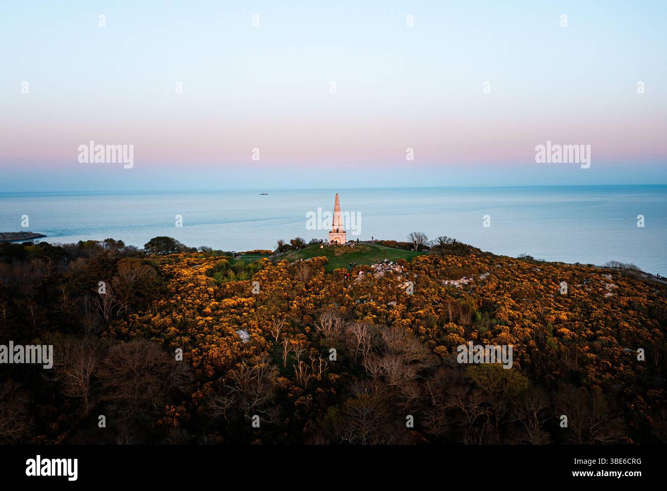 Ripresa aerea dell'obelisco di Killiney Hill con gruppi di persone e mare blu calmo sullo sfondo Foto Stock