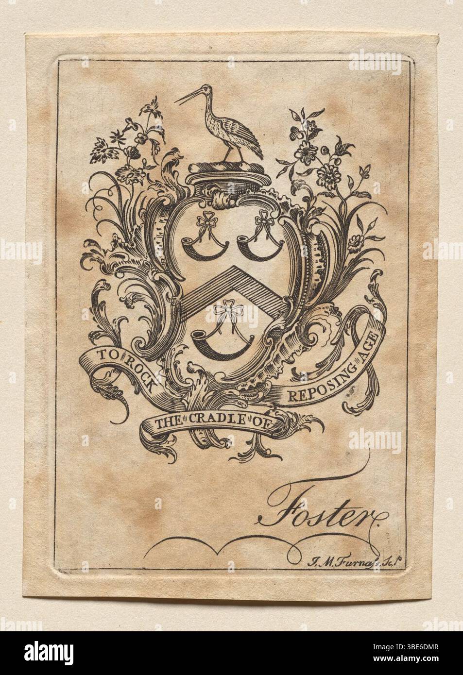 John Mason Furnass (americano, 1763-1804) - Bookplate, stemma con Foster inciso sotto Foto Stock