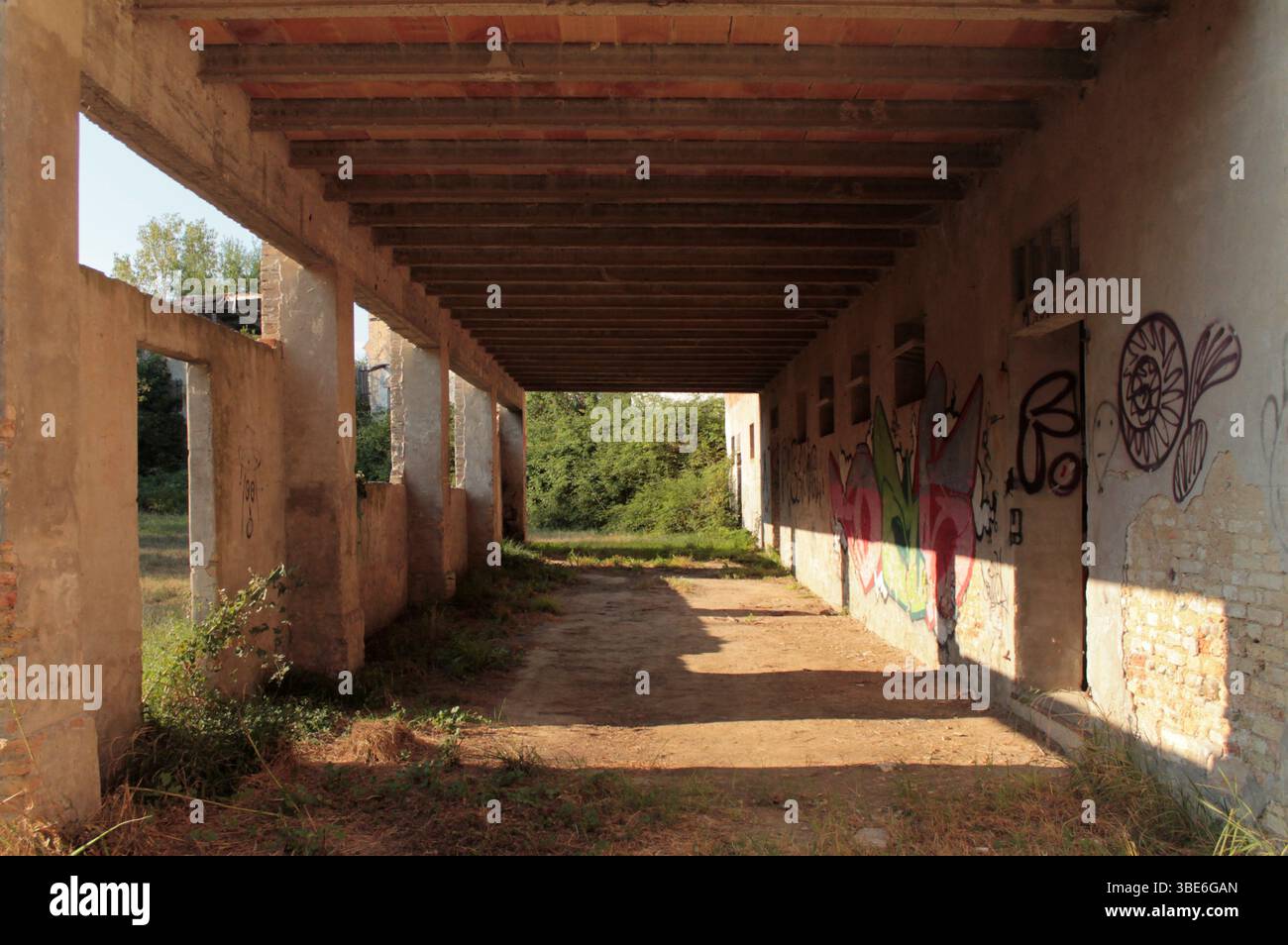 Lungo porticato fuori da una cascina abbandonata, fiancheggiato da pareti intemprate piene di graffiti e inondato di luce naturale in una piacevole giornata estiva. Foto Stock